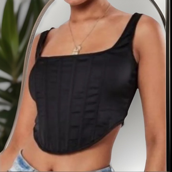 Black Satin Bustier A Structured Corset Front W/A Sexy Zip Up Crop Asymmetrical - Picture 7 of 8